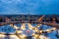 Aerial evening view of Derzhprom and with panorama of city in Kharkiv, Ukraine