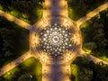Aerial evening view to fountain and park at Svobody square in Kharkiv