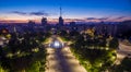 Aerial evening view to Svobody square and Derzhprom at sunset in Kharkiv