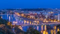 Aerial Evening View Of The Vltava River And Illuminated Bridges Day To Night Timelapse, Prague
