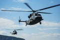 Aerial exhibition two military helicopters, mastering the cerulean heavens