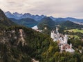 Aerial of the famous Neuschwanstein fairy tale castle in majestic mountain landscape in Bavaria, Germany