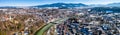 Aerial famous old town of bad toelz february snow. Mountains Isar river bavaria germany