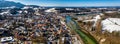 4k aerial famous old town of bad toelz february snow. Mountains Isar river bavaria germany