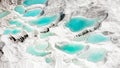 Aerial of the famous Pamukkale travertines in central western turkey. Famous for their turquoise thermal pools and pure white