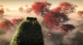 Aerial of fantasy grassy hill landscape with red autumn trees and lonely house on rock.