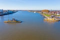 Aerial from ferries on the river Lek near Schoonhoven in Netherlands