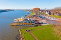 Aerial from ferries on the river Lek near Schoonhoven in Netherlands