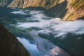 Aerial fjord view in Norway mountain reflection in water landscape morning clouds, Sunnmore Alps