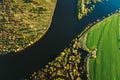 Aerial Flat View Green Meadow, Woods And River Landscape In Sunny Spring Summer Day. Top View Of Nature, Bird's Eye Royalty Free Stock Photo