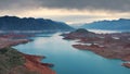 Aerial flight Beautiful spring landscape of river with blue turquoise water and hills against background of mountains Royalty Free Stock Photo