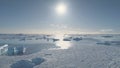 Aerial flight over Antarctica ocean at sunset.