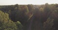 Aerial flight over autumn trees in wild park in september Royalty Free Stock Photo