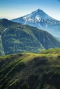 Aerial flight with view of Kamchatka the land of volcanos and green valleys
