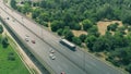 Aerial flyby view of highway traffic Royalty Free Stock Photo