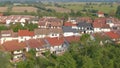 AERIAL: Flying above the quiet suburban townhouses on a sunny summer afternoon.