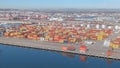 AERIAL: Flying along the colorful Port of Los Angeles on a sunny spring day.