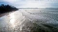 Aerial flying drone view of sunrise on the seaside