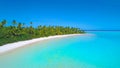 AERIAL: Flying over the tranquil shallow ocean water by the sandy shoreline. Royalty Free Stock Photo