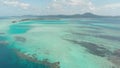 Aerial: flying over tropical island white beach caribbean sea turquoise water coral reef. Indonesia Sumatra Banyak islands. touris