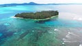 Aerial: flying over tropical island white beach caribbean sea turquoise water coral reef. Indonesia Sumatra Banyak islands. touris