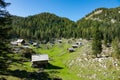 AERIAL: Flying toward a small valley and lovely cottages in scenic Julian Alps. Royalty Free Stock Photo