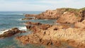 Aerial footage of rocks and the Tasman Sea at Birubi Point in regional Australia