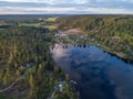 aerial footage campsite camping caravan by lake Ragnerudssjoen in Dalsland Sweden beautiful nature forest pinetree Royalty Free Stock Photo