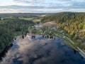 aerial footage campsite camping caravan by lake Ragnerudssjoen in Dalsland Sweden beautiful nature forest pinetree Royalty Free Stock Photo