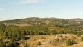 Aerial footage of a car riding on a road between green fields in the sun set. Shot. Drone flies over green hills and Royalty Free Stock Photo