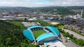 Aerial footage of The John Smith`s Stadium home of the Huddersfield Town Football Club and the town centre of Huddersfield Boroug