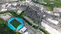 Aerial footage of The John Smith`s Stadium home of the Huddersfield Town Football Club and the town centre of Huddersfield Boroug