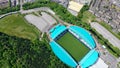 Aerial footage of The John Smith`s Stadium home of the Huddersfield Town Football Club and the town centre of Huddersfield Boroug