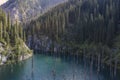 Aerial footage of Kaindy lake and sunken forest in Kazakhstan