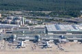 aerial of Frankfurt international airport with view to modern terminal and aircrafts at apron Royalty Free Stock Photo