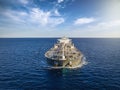 Aerial front view of a heavy loaded oil cargo tanker