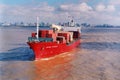 view of a loaded container cargo vessel traveling over calm rio de la plata,buenos aires argentina,maqueira