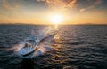 Aerial front view of a speedboat cruising over the sea Royalty Free Stock Photo