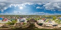aerial full seamless spherical hdri 360 panorama over ruined abandoned church with arches without roof in equirectangular Royalty Free Stock Photo