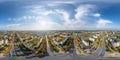 aerial full seamless spherical hdri 360 panorama view above road junction with traffic in city overlooking of residential area of