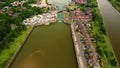 Aerial gimbal reveal clip of the bullnose entrance to Preston Marina from the River Ribble Lancashire England