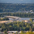 Aerial of the Glenn Jackson bridge connecting Oregon to Washington spanning the Columbia river