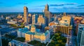 Aerial Golden Hour Glow Over Indianapolis Cityscape