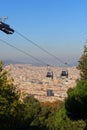 Aerial gondola lift with cable car and Barcelona cityscape panorama seen from Montjuic, Spain