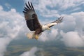 Aerial grace, Fish Eagle spreads its wings, skimming over cotton-like clouds