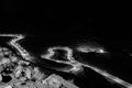 Aerial greyscale night view of the Al-Hada Road Taif