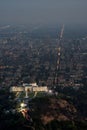 Aerial of the Griffith Observatory and the night lights of downtown Los Angeles, California