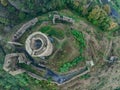 Aerial ground plan view of Philipsburg castle above Monreal Germany with pentagonal tower and large round keep Royalty Free Stock Photo
