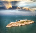 Aerial helicopter view of Alcatraz Island, San Francisco Royalty Free Stock Photo