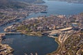 Aerial and high angle view over the city of Bergen, Norway, with districts and surrounding water Royalty Free Stock Photo